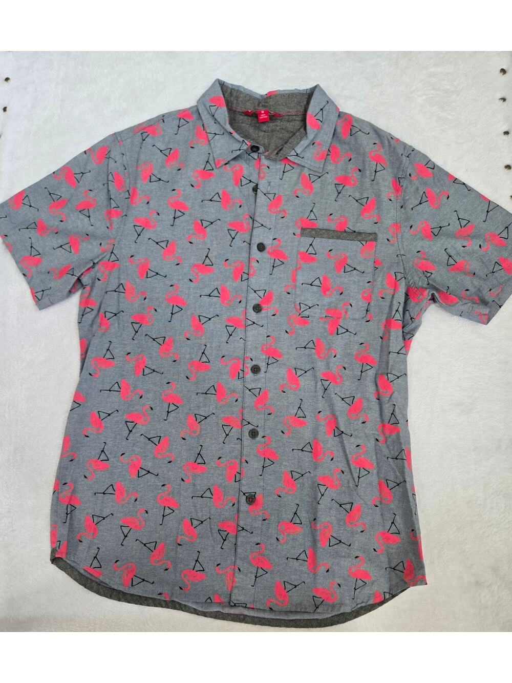 Unionbay Flamingo Shirt Mens Medium Gray Pink Tropical Button Down